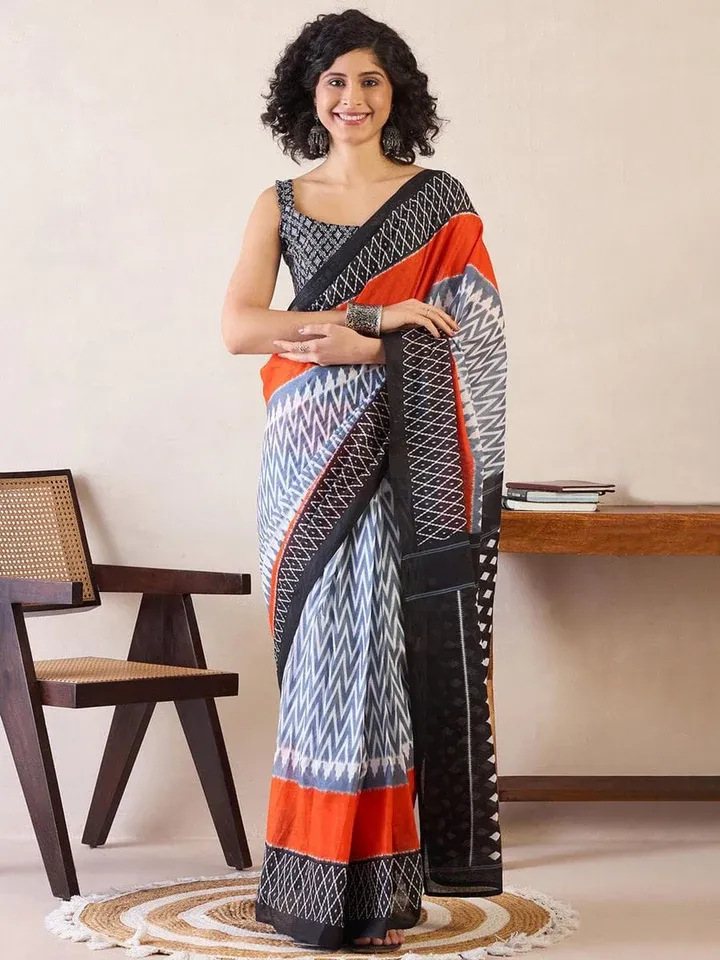 Ikat Design Digital Printed Chanderi Silk Saree With Blouse Piece