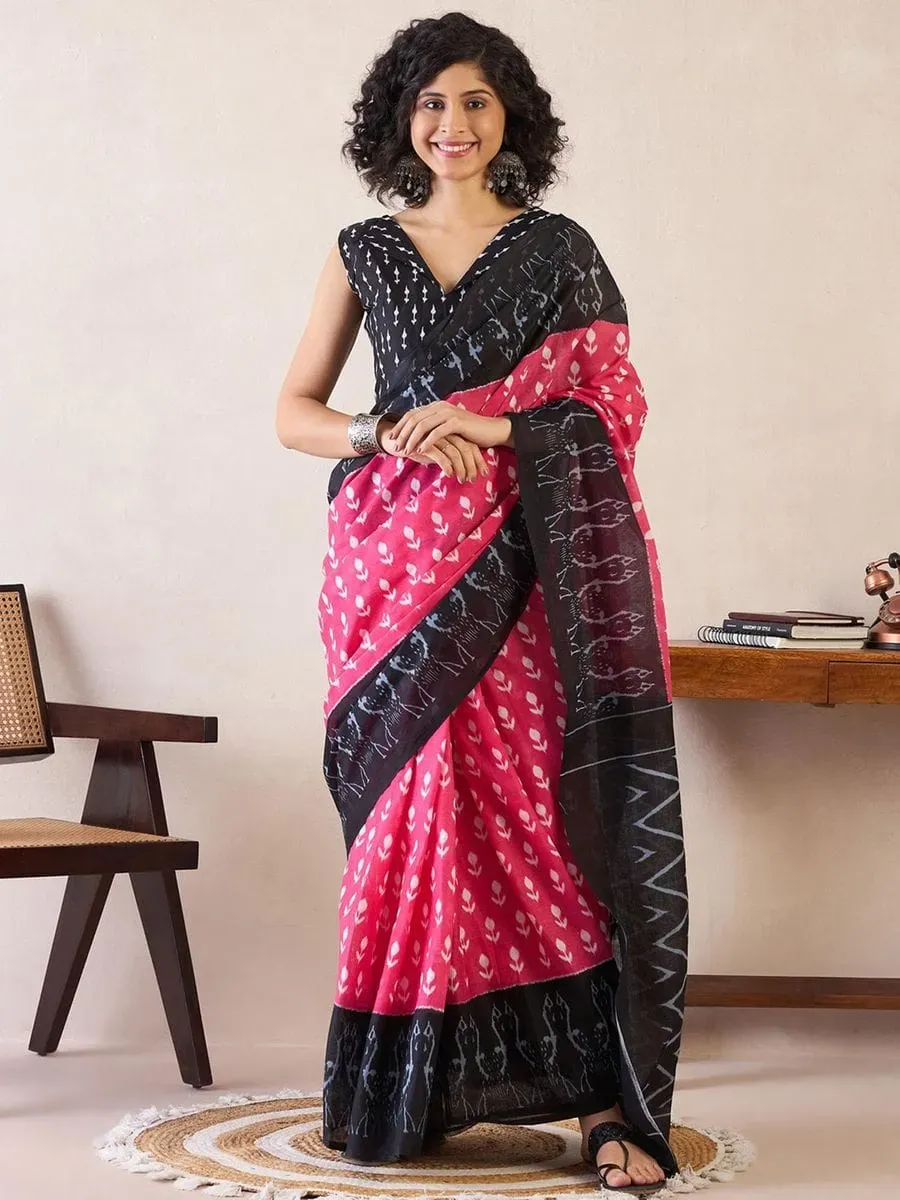 Ikat Design Digital Printed Chanderi Silk Saree With Blouse Piece |