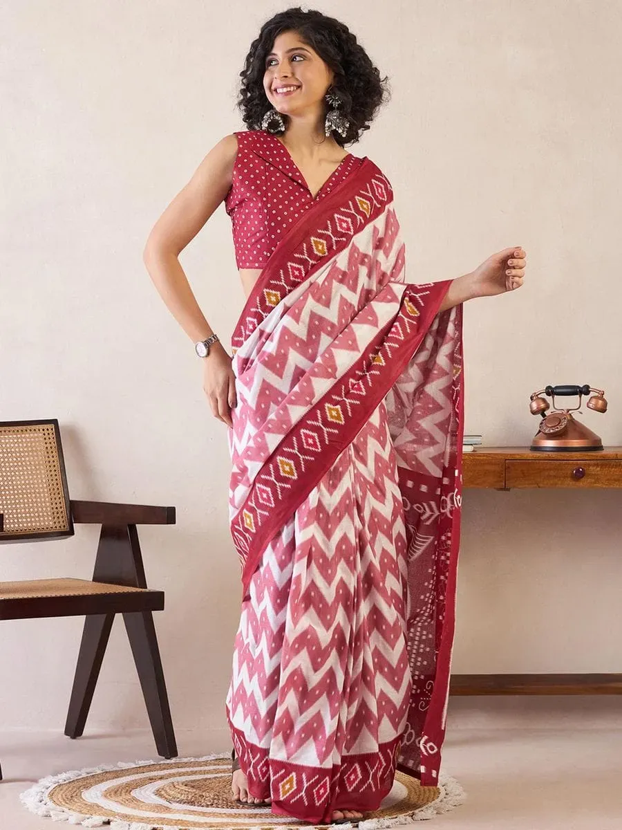 Ikat Design Digital Printed Chanderi Silk Saree With Blouse Piece |