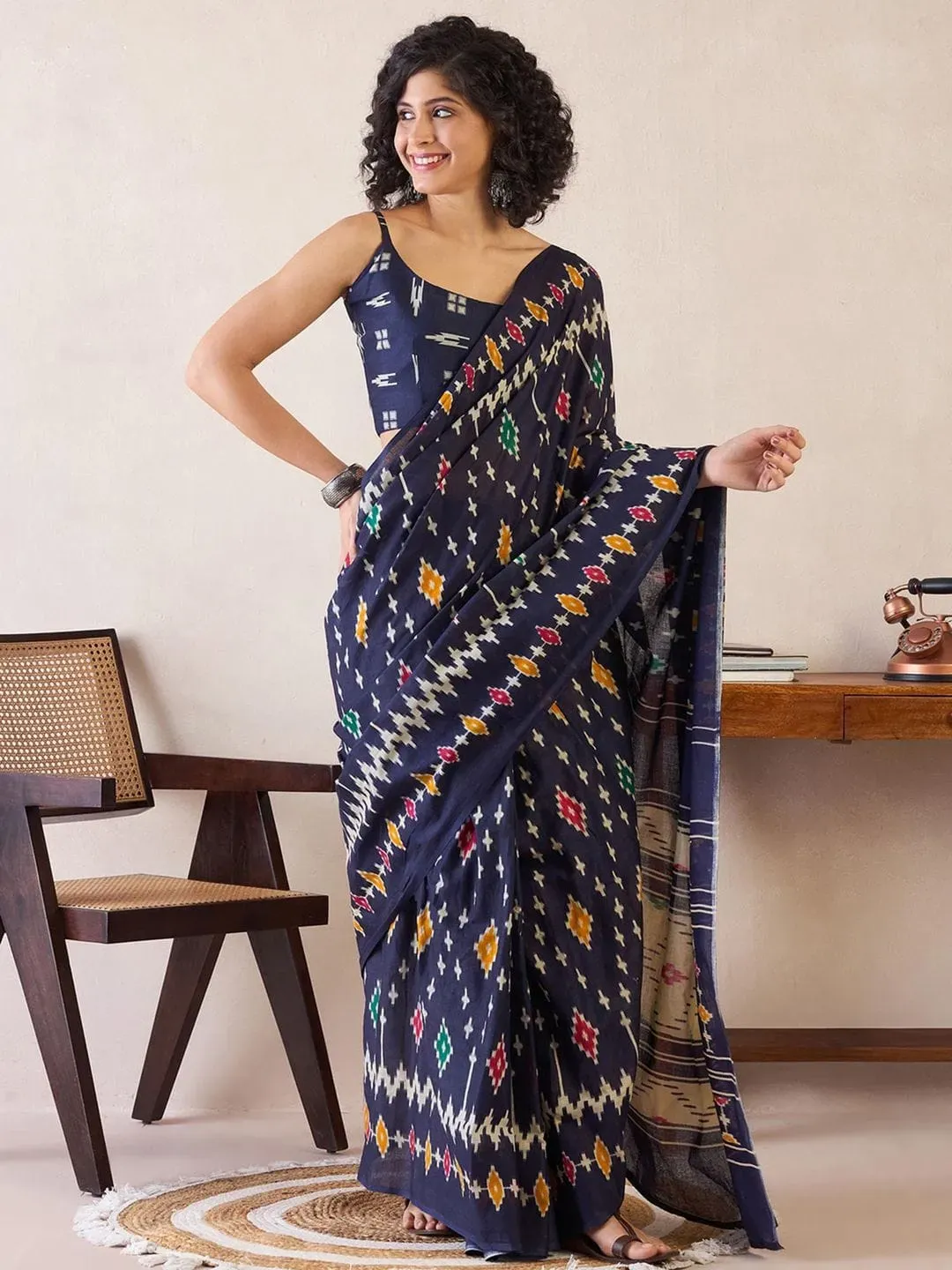 Ikat Design Digital Printed Chanderi Silk Saree With Blouse Piece |