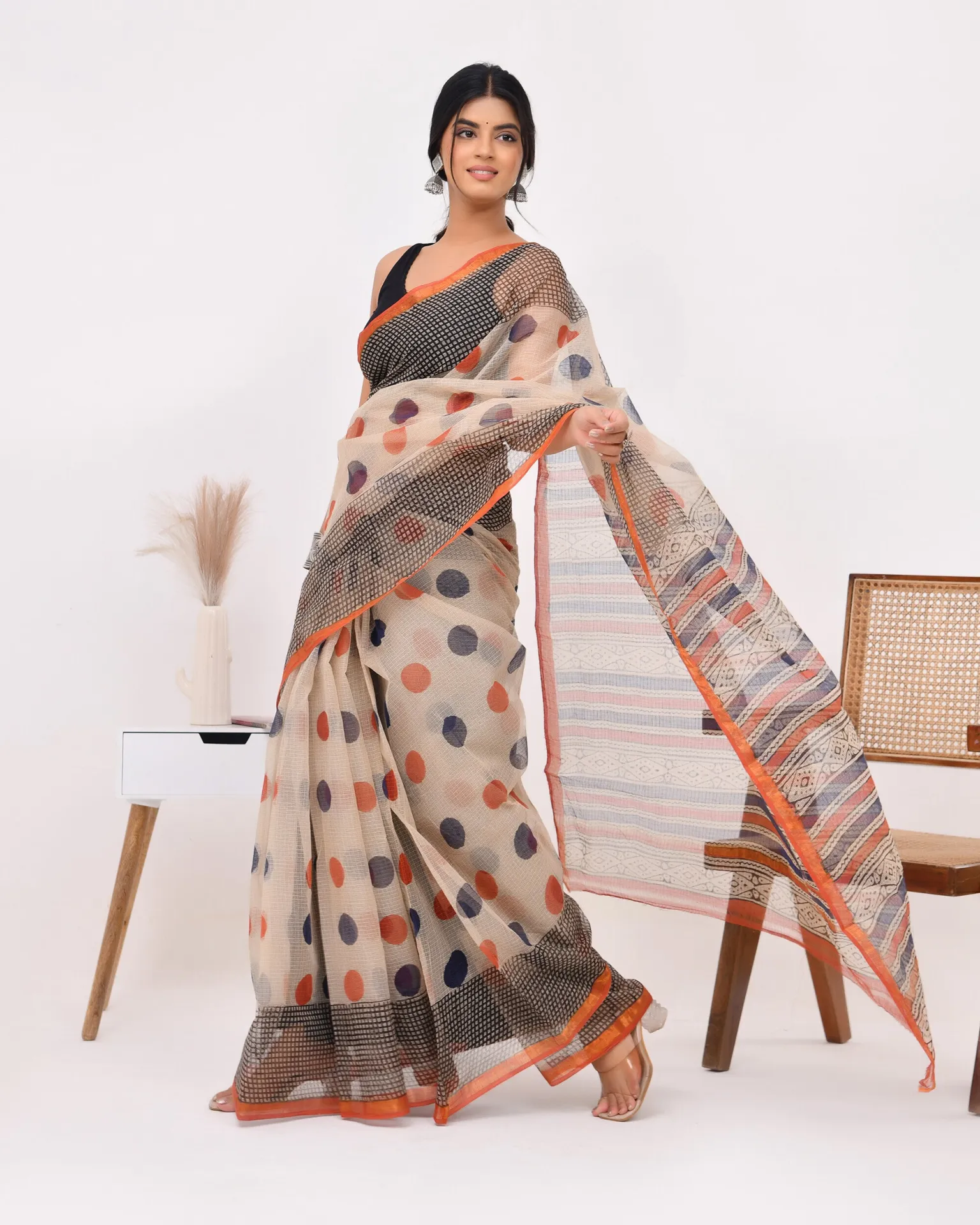 Traditional Block Print Kota Doria Cotton Saree - Beige Polka