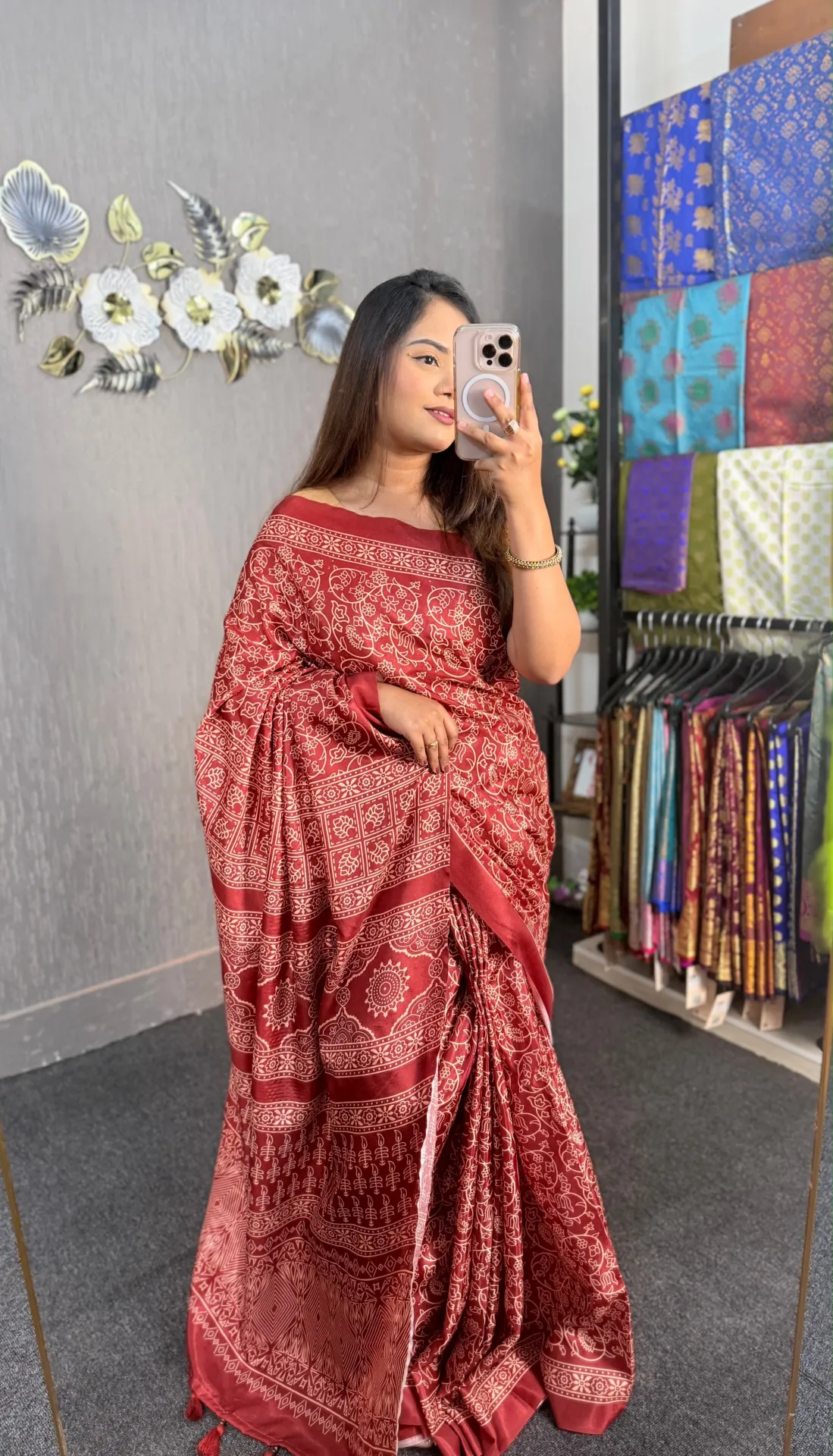 Soft Glossy Silk Ajrakh Design Digital Print Saree