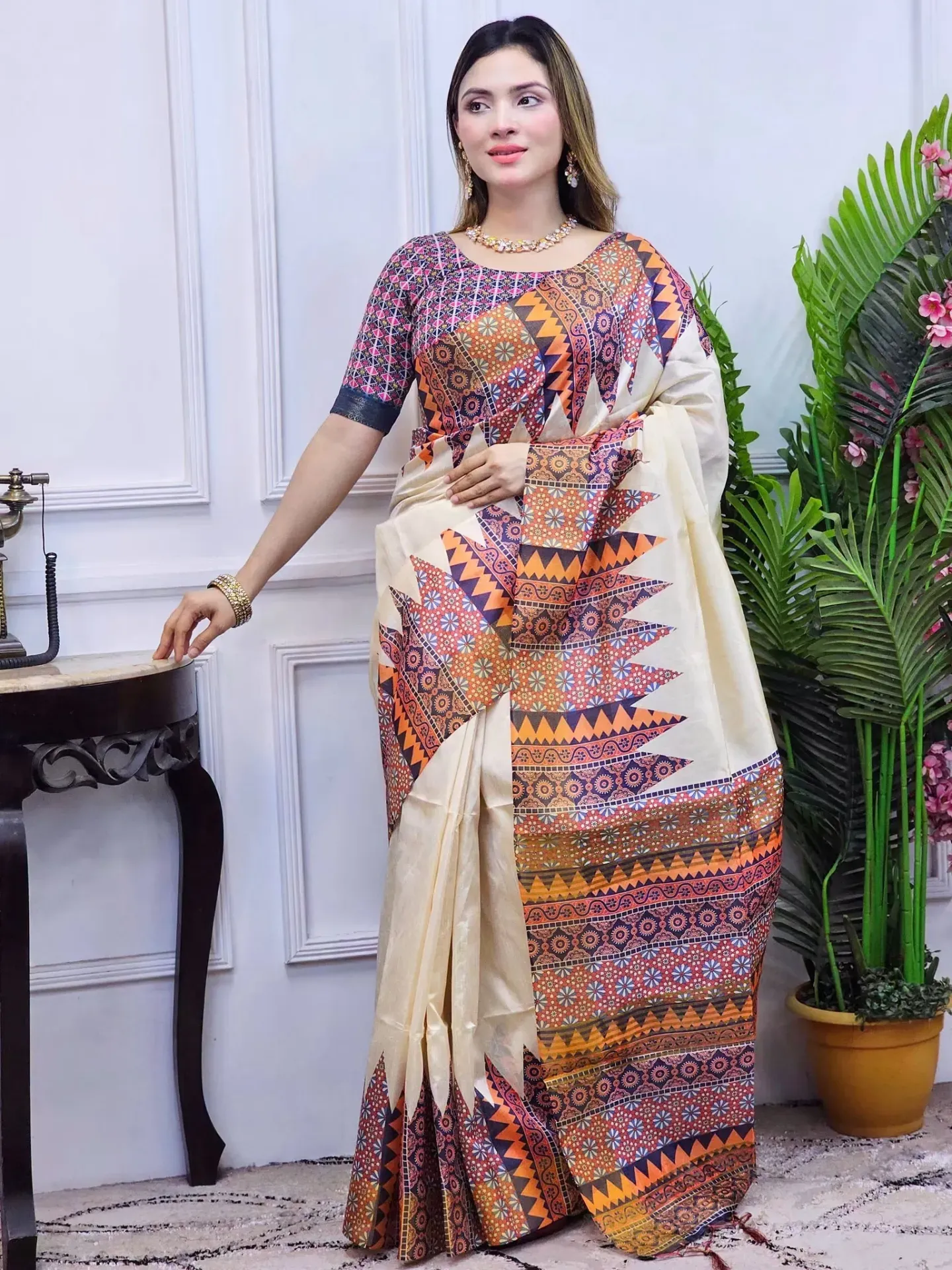 Elegant Multicolor Ethnic Design Soft Glossy Silk Digital Print Saree |