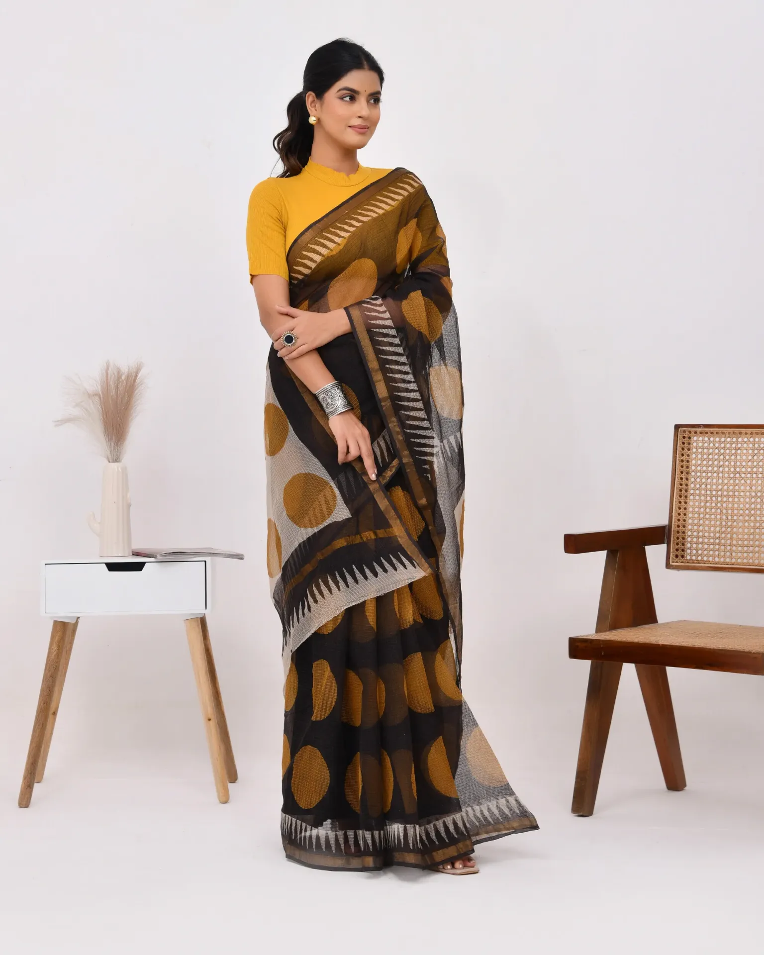 Traditional Block Design Digital Print Kota Doria Cotton Saree - Black & Mustard