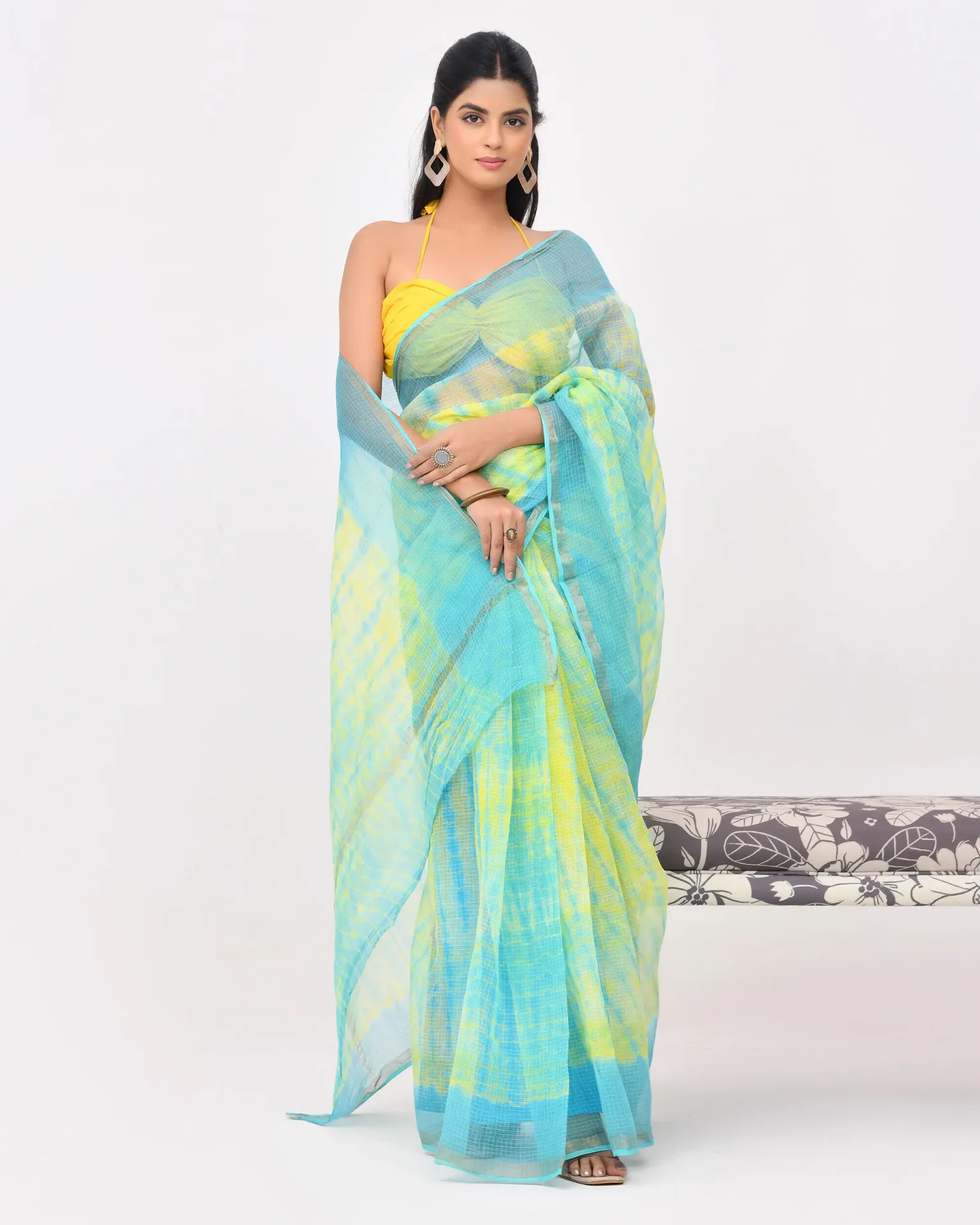 Traditional Block Design Digital Print Kota Doria Cotton Saree - Lemon Yellow & Blue