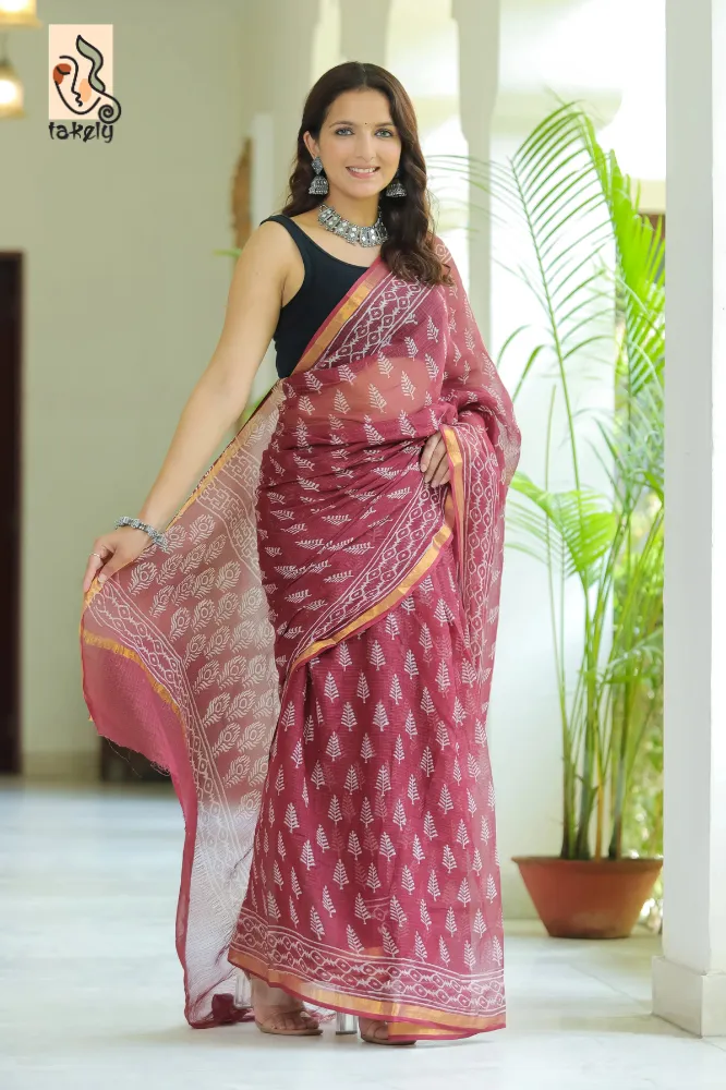 Traditional Block Design Digital Print Kota Doria Cotton Saree