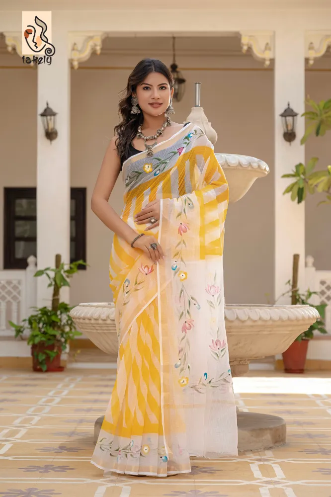 Traditional Block Design Digital Print Kota Doria Cotton Saree
