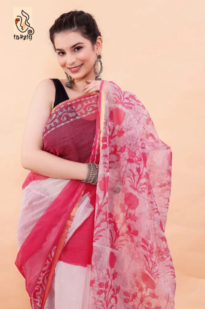 Traditional Block Design Digital Print Kota Doria Cotton Saree