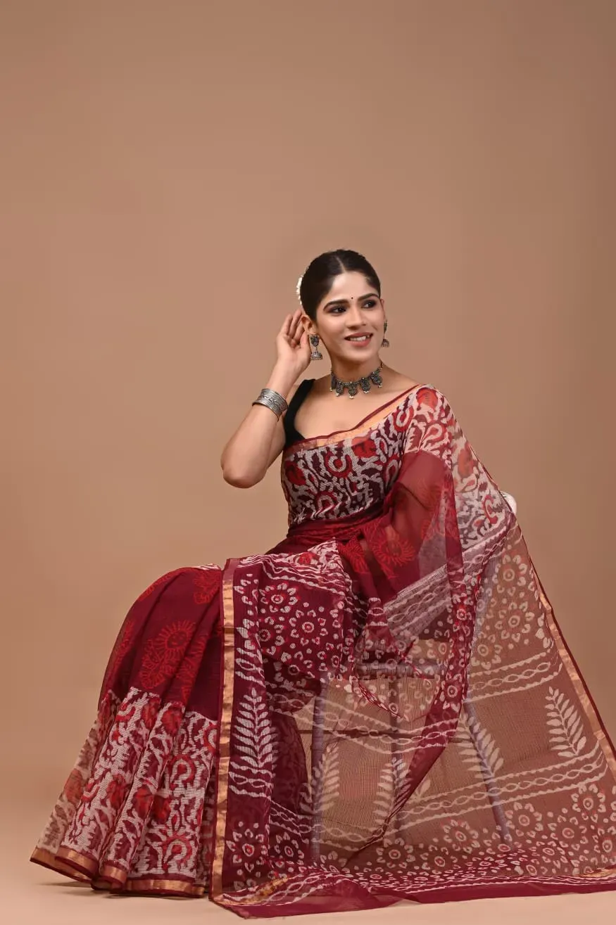 Traditional Block Design Digital Print Kota Doria Cotton Saree - Maroon Color |