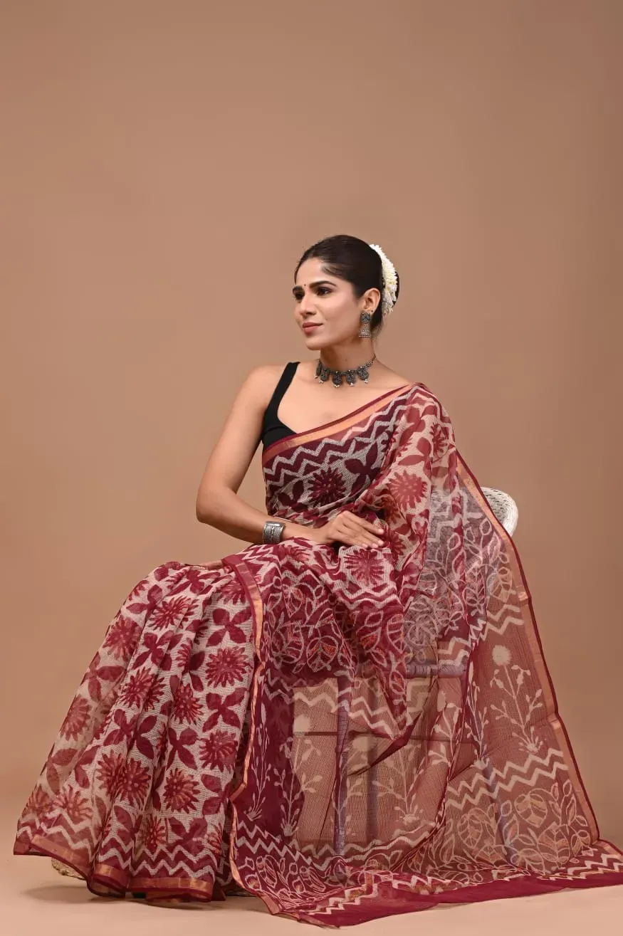 Traditional Block Design Digital Print Kota Doria Cotton Saree - Maroon Color |