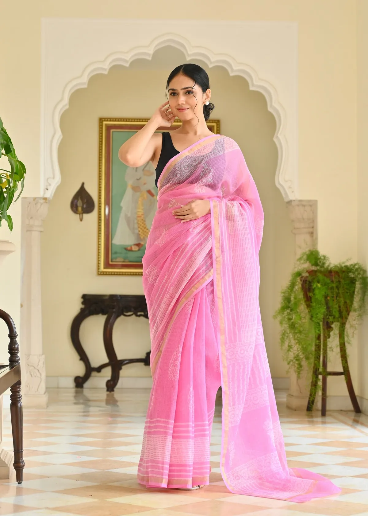 Traditional Block Design Digital Print Kota Doria Cotton Saree