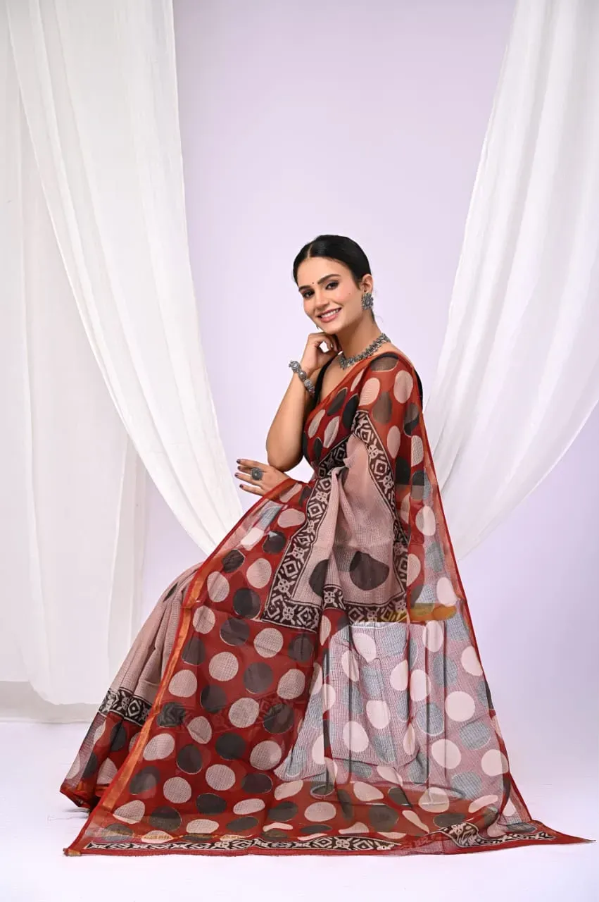 Traditional Block Design Digital Print Kota Doria Cotton Saree |