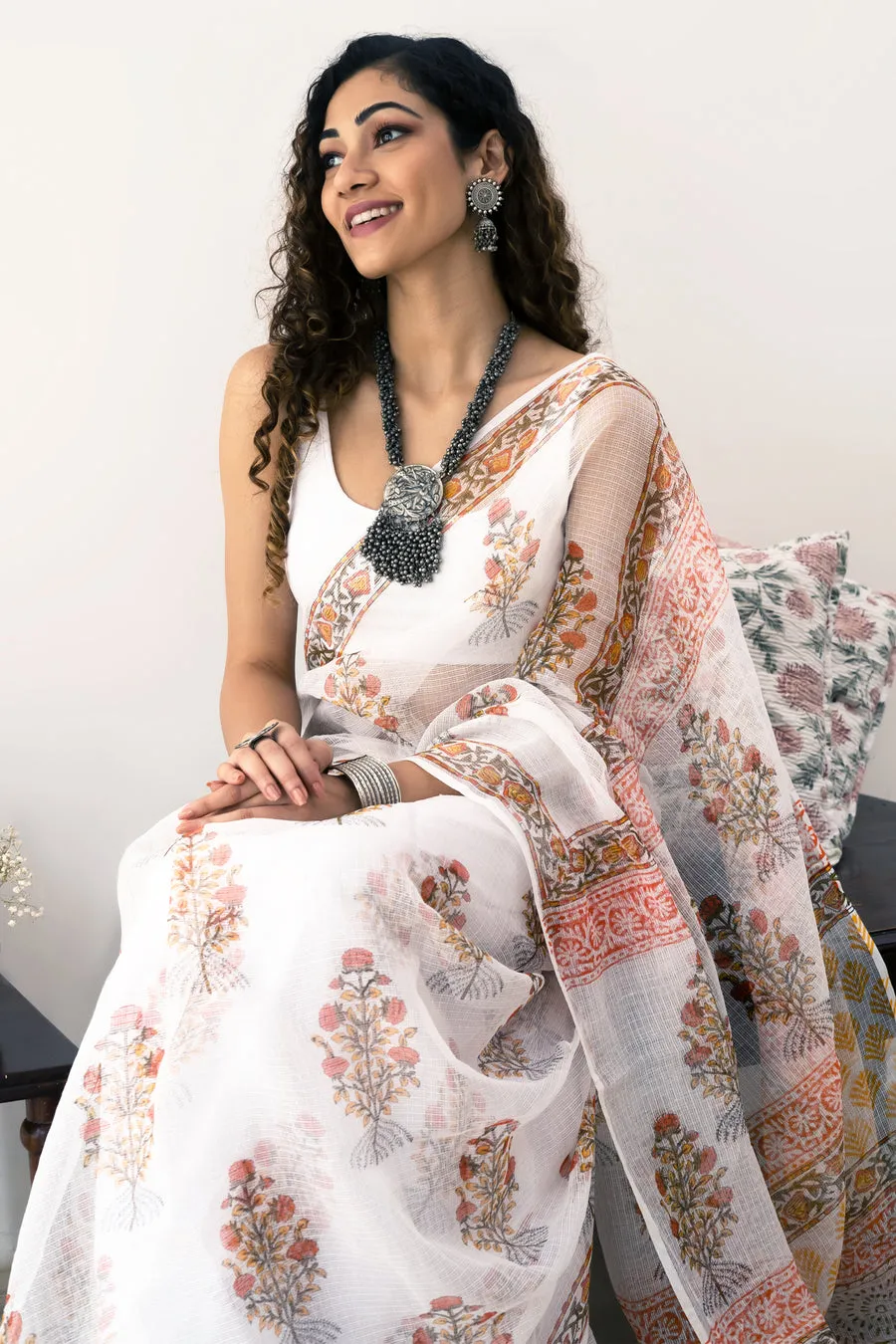 Traditional Block Design Digital Print Kota Doria Cotton Saree