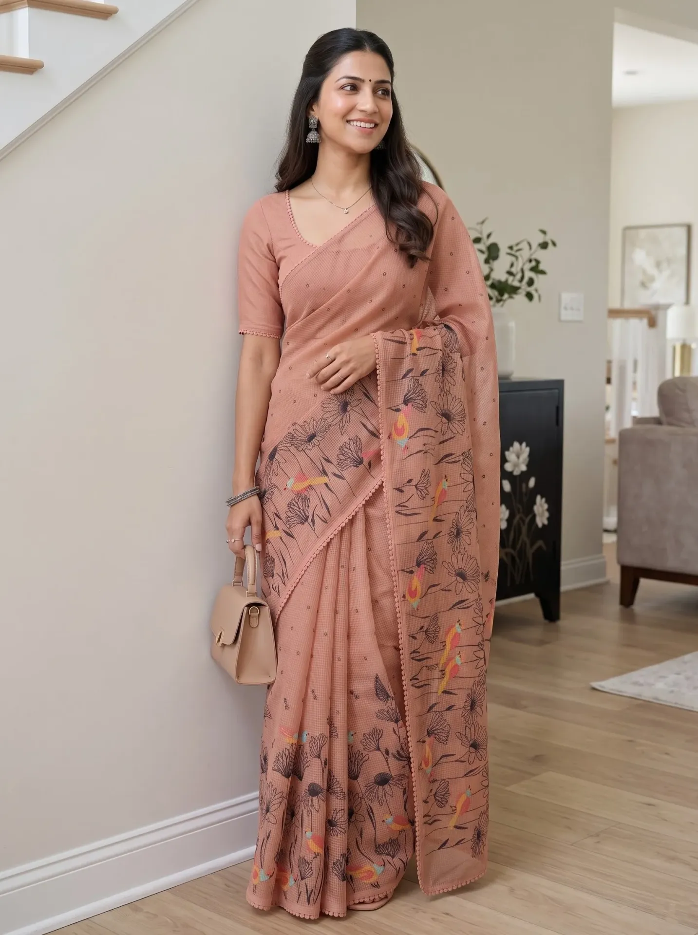 Printed Kota Doria Cotton Saree With Lace Work