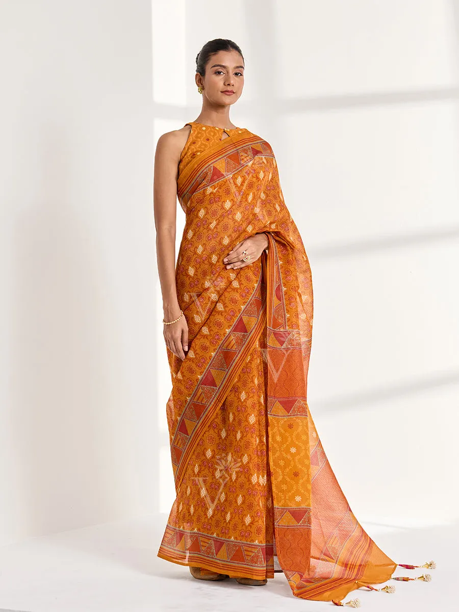 Traditional Block Design Digital Print Kota Doria Cotton Saree