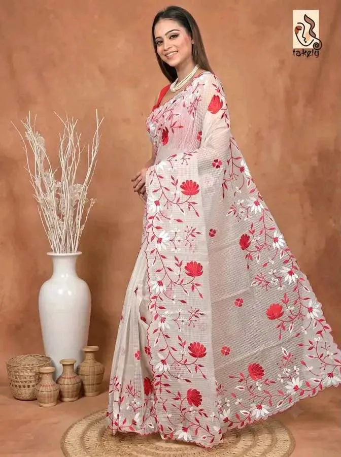 Embroidered Kota Doria Cotton Blend Saree (Beige) |
