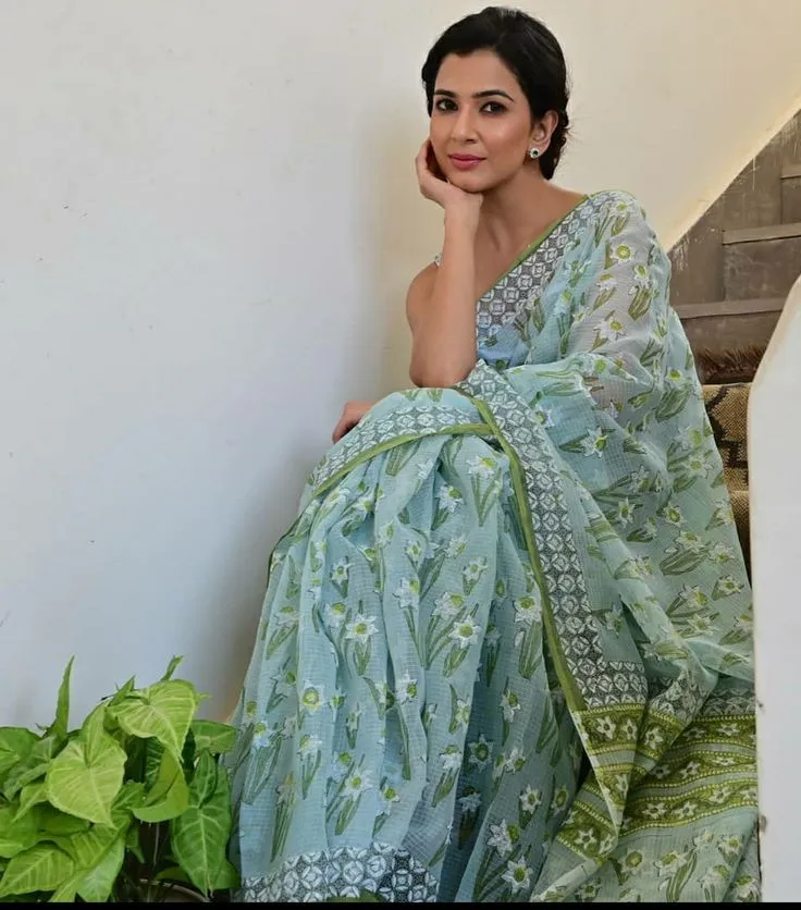 Traditional Block Design Digital Print Kota Doria Cotton Saree