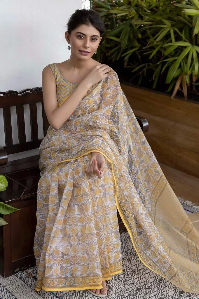 Traditional Block Design Digital Print Kota Doria Cotton Saree