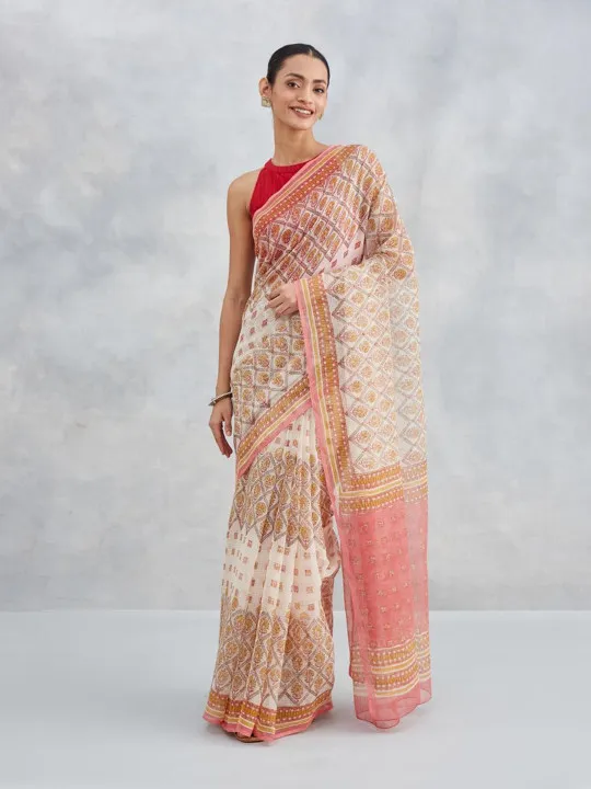Traditional Block Design Digital Print Kota Doria Cotton Saree